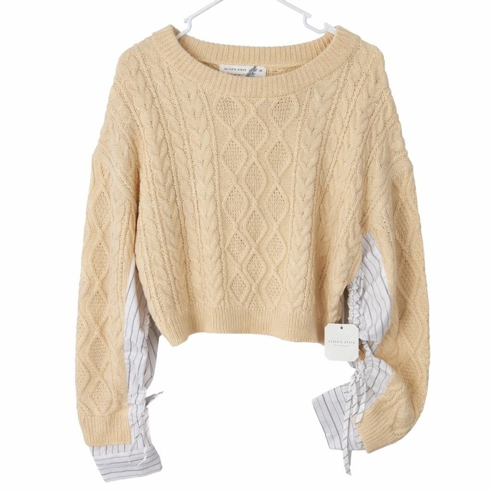 ALTAR'D‎ STATE Maria Cream Cropped Cable Knit Stripe Tie Sleeve Sweater XS NWT